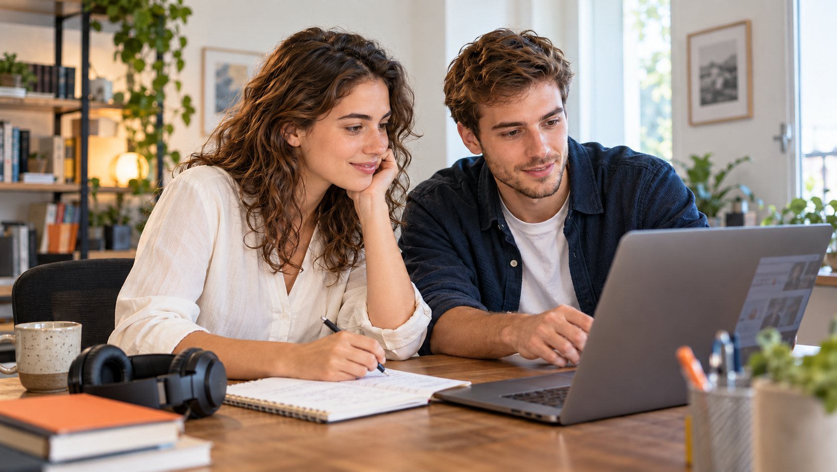 Illustration d’une étudiante et d’un étudiant travaillant ensemble sur leur ordinateur portable